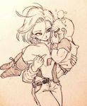  1girl android_18 bald blush carrying couple covering_face dougi dragon_ball dragon_ball_z earrings full-face_blush hetero husband_and_wife jewelry kuririn monochrome photo princess_carry steam sweat tkgsize traditional_media wristband 