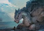  2016 avian bird blue_eyes boulder claws cloud demizuposuka detailed_background dragon feral landscape looking_down lying open_field rock scales sea sharp_teeth signature sky spikes teeth water 