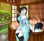  anthro bath bath_house bathhouse breasts canine clothed clothing female fox inviting looking_at_viewer mammal nipples open_shirt public robe singingbirdstudio sitting undressing 