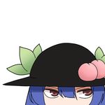  amino_(tn7135) bad_id bad_pixiv_id blue_hair close-up face food fruit hat hinanawi_tenshi looking_to_the_side peach simple_background solo touhou white_background 