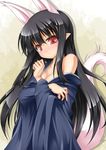  animal_ears bare_shoulders beige_background black_hair blush breasts cleavage closed_mouth collarbone fox_ears fox_tail hasaha head_tilt japanese_clothes kimono long_hair looking_at_viewer medium_breasts open_clothes open_kimono pointy_ears red_eyes roura simple_background smile solo summon_night summon_night_2 tail very_long_hair 