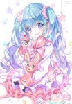  bandaid bandaid_on_leg blue_eyes blue_hair cupcake eating food food_on_face hatsune_miku long_hair looking_at_viewer lots_of_laugh_(vocaloid) open_mouth scrunchie shiori_(xxxsi) sitting skirt solo star stuffed_animal stuffed_bunny stuffed_toy twintails very_long_hair vocaloid white_background 