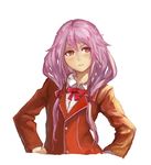  absurdres bad_id bad_pixiv_id blush guilty_crown hair_ornament hairclip hand_on_hip highres long_hair looking_away pauld pink_hair red_eyes school_uniform simple_background solo twintails upper_body white_background yuzuriha_inori 