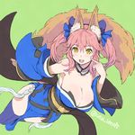  animal_ears blue_legwear breasts cleavage detached_sleeves fate/extra fate_(series) fox_ears fox_tail hair_ribbon japanese_clothes large_breasts pink_hair ribbon solo tail tamamo_(fate)_(all) tamamo_no_mae_(fate) utu_(ldnsft) yellow_eyes 