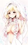  blonde_hair blush breasts center_opening cleavage djeeta_(granblue_fantasy) dress earrings flower flower_earrings frills granblue_fantasy hair_flower hair_ornament hairband jewelry kurimomo large_breasts looking_at_viewer navel neck_ribbon red_eyes ribbon short_hair smile solo veil white_dress 