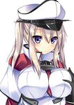  blonde_hair blue_eyes breast_grab breasts capelet cross grabbing graf_zeppelin_(kantai_collection) hair_between_eyes hat impossible_clothes jacket kantai_collection large_breasts long_hair necktie peaked_cap ryokushiki_(midori-ya) solo twintails uniform 