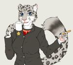  amesho anthro big_breasts blue_eyes breasts clothed clothing cup disney feline female fluffy_tail fur leopard looking_at_viewer mammal pencil_(disambiguation) smile snow_leopard snow_leopard_reporter_(zootopia) solo spots spotted_fur suit whiskers zootopia 