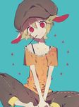  animal_ears barefoot blonde_hair blue_background bunny_ears flat_cap floppy_ears hat head_tilt higa423 highres looking_at_viewer mouth_hold off_shoulder orange_shirt pants red_eyes ringo_(touhou) shirt short_hair short_sleeves simple_background sitting smile solo star touhou 