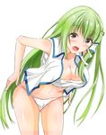  :o bandages bent_over blush breasts brown_eyes cleavage cowboy_shot frog_hair_ornament green_hair hair_ornament hair_tubes kochiya_sanae kuro75268 large_breasts long_hair midriff navel open_clothes open_mouth open_vest panties panty_pull pulled_by_self sarashi simple_background snake_hair_ornament solo standing stomach sweatdrop tareme touhou underwear vest white_background white_panties white_vest 