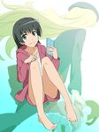  barefoot black_hair casual cellphone doll frenda_seivelun green_eyes highres jack-barro jacket long_hair long_legs pantyhose phone saten_ruiko shorts smile to_aru_kagaku_no_railgun to_aru_majutsu_no_index zoom_layer 