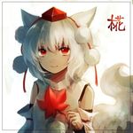  animal_ears autumn_leaves bare_shoulders commentary_request detached_sleeves hat inubashiri_momiji leaf looking_at_viewer maho_moco maple_leaf pom_pom_(clothes) red_eyes short_hair smile solo tail tokin_hat touhou upper_body white_hair wolf_ears wolf_tail 