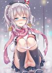  blue_eyes blush censored epaulettes hat kantai_collection kashima_(kantai_collection) long_hair long_sleeves military military_uniform mittens open_mouth panties panty_pull pussy scarf shimokirin silver_hair snowing solo squatting twintails underwear uniform wavy_hair white_panties 