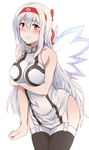  3: alternate_costume angel_wings arched_back bare_shoulders black_legwear blush breasts chain collar commentary_request cosplay covered_navel dress garter_straps hair_between_eyes hairband highres kantai_collection large_breasts long_hair nomizu_iori nymph_(sora_no_otoshimono) nymph_(sora_no_otoshimono)_(cosplay) seiyuu_connection short_dress shoukaku_(kantai_collection) simple_background solo sora_no_otoshimono suisen_toire_(moko924) thighhighs white_background white_hair wings 
