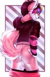  2016 anthro arm_warmers backsack balls butt canine clothing crop_top dog fur girly hair hand_on_hip highlights hoodie husky junebuq klace looking_at_viewer looking_back male mammal multicolored_hair pink_fur rear_view shirt solo striped_armwear underwear_down 
