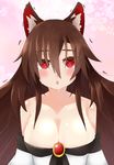  animal_ears blush breasts brooch brown_hair cleavage collarbone crying dress eyes_visible_through_hair hair_over_one_eye highres imaizumi_kagerou jewelry large_breasts looking_at_viewer off-shoulder_shirt off_shoulder open_mouth red_eyes shirosama_(olheat) shirt solo tail tears touhou trembling wide_sleeves wolf_ears wolf_tail 