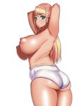 :o armpits arms_behind_head ass blonde_hair blue_eyes breasts burakku-ra earrings highres jewelry large_breasts long_hair looking_at_viewer looking_back mole mole_under_mouth nipple_piercing nipples original piercing plump short_shorts shorts solo topless white_background 