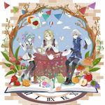  2boys aircraft airplane analog_clock apple black_legwear blonde_hair blue_hair book boots bow bug butterfly clock coffee coffee_mug cup fire_emblem fire_emblem_if flower food french_flag fruit gloves grapes grey_hair hair_over_one_eye hairband hot_air_balloon insect ladle lazward_(fire_emblem_if) leaf marks_(fire_emblem_if) mug multicolored_hair multiple_boys mushroom open_mouth oversized_object pieri_(fire_emblem_if) pink_hair pop-up_book postage_stamp roman_numerals running_bond sandwich sitting strawberry thighhighs tree twintails two-tone_hair yellow_eyes yuyu_(spika) 