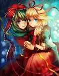  blonde_hair blue_eyes blush bow commentary_request doll_joints green_hair hair_ribbon hug kagiyama_hina long_hair maho_moco medicine_melancholy multiple_girls ribbon short_hair smile string tears touhou wrist_ribbon 