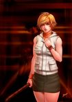  blonde_hair breasts heather_mason karosu-maker looking_at_viewer short_hair signature silent_hill silent_hill_3 skirt solo watch weapon wrist_watch wristband wristbands wristwatch yellow_eyes 