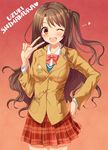  ;d artist_name blazer blush bow bowtie breasts brown_eyes brown_hair brown_jacket buttons collared_shirt cowboy_shot dress_shirt emblem eyebrows eyebrows_visible_through_hair gradient gradient_background hand_gesture hand_on_hip heart highres idolmaster idolmaster_cinderella_girls jacket legs_apart long_hair long_sleeves looking_at_viewer one_eye_closed one_side_up open_mouth palms plaid plaid_skirt pleated_skirt red_background red_bow red_neckwear red_skirt round_teeth shimamura_uzuki shirt simple_background skirt small_breasts smile solo sweater_vest tareme teeth tsuru_ringo v very_long_hair wavy_hair white_shirt 