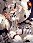  armpits arms_up breasts cleavage daakuro dress gloves glowing glowing_eyes hair_between_eyes heavy_cruiser_hime highres horns kantai_collection large_breasts long_hair open_mouth orange_eyes pale_skin shinkaisei-kan shoes sneakers solo striped striped_legwear thighhighs turret white_hair 
