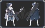  black_background blue_eyes blue_hair border bow bow_(weapon) choker cloak full_body geta hair_bow hair_rings highres japanese_clothes legs_apart long_hair multiple_views pixiv_fantasia pixiv_fantasia_t ponytail quiver sandals science_fiction standing tabi thighhighs ttc weapon white_legwear 