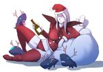  adapted_costume antlers bottle commentary_request green_eyes hat i-class_destroyer kantai_collection lying midriff reindeer_antlers ro-class_destroyer sack santa_costume santa_hat shinkaisei-kan solid_eyes supi_(inner_map) ta-class_battleship thighhighs tongue tongue_out white_eyes white_hair white_skin 