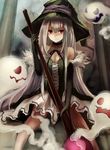  bare_shoulders black_gloves breasts cleavage commentary_request dress elbow_gloves fur_trim ghost gloves green_dress hat long_hair looking_at_viewer maho_moco medium_breasts original red_eyes shaded_face silver_hair solo very_long_hair witch witch_hat 