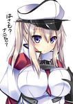  ? blonde_hair blue_eyes breast_grab breasts capelet cross grabbing graf_zeppelin_(kantai_collection) hair_between_eyes hat impossible_clothes jacket kantai_collection large_breasts long_hair necktie peaked_cap ryokushiki_(midori-ya) solo text_focus twintails uniform 