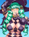  aisu_reizou argyle black_gloves breasts checkered drill_hair elbow_gloves finger_to_mouth fiore_brunelli gloves green_hair hair_ornament hair_over_shoulder hat large_breasts lipstick long_hair low_twintails makeup revealing_clothes solo star_ocean star_ocean_integrity_and_faithlessness twin_drills twintails upper_body witch_hat yellow_eyes 