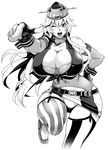  ;d bare_shoulders belt blush breasts buttons cleavage detached_sleeves fingerless_gloves garter_straps gloves greyscale hand_on_hip headgear highres huge_breasts iowa_(kantai_collection) kantai_collection leg_up long_hair looking_at_viewer miniskirt monochrome musashino_sekai one_eye_closed open_mouth pointing_finger skirt smile solo star star-shaped_pupils striped striped_legwear symbol-shaped_pupils teeth thighhighs tongue underwear 