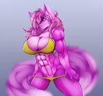  2016 5_fingers abs anthro big_breasts bikini breasts canine cleavage clothed clothing female fox fur hair hair_over_eye huge_breasts long_hair mammal muscular muscular_female pink_fur pink_hair rai skimpy solo standing swimsuit teasing thick_thighs vibershot voluptuous wide_hips 