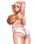  :o armpits arms_behind_head ass blonde_hair blue_eyes breasts burakku-ra covered_nipples earrings highres jewelry large_breasts long_hair looking_at_viewer looking_back mole mole_under_mouth original plump short_shorts shorts solo sports_bra underboob white_background 