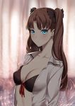  artist_name bad_id bad_pixiv_id blue_eyes blush breasts brown_hair collarbone fate/stay_night fate_(series) front-tie_top hair_ribbon looking_at_viewer medium_breasts open_clothes open_shirt ribbon shirt solo toosaka_rin two_side_up yeoohdam 