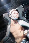  b_gent black_hair chair detached_sleeves dutch_angle helmet lens_flare light_frown male_focus navel one_eye_closed original science_fiction shirtless sitting solo spacecraft_interior spacesuit upper_body 