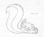  2011 balls barefoot erection fluffy_tail greyscale hi_res long_tail lying male mammal mizzyam monochrome neutral_expression nude on_back pencil_(artwork) penis semi-anthro side_view simple_background solo tapering_penis traditional_media_(artwork) unknown_character unknown_species white_background 