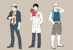  ajin_(sakurai_gamon) arm_at_side bad_id bad_pixiv_id bandaid bandaid_on_face black_hair changye cigarette clenched_teeth clipboard coat collarbone collared_shirt dress_shirt earrings flip-flops frown full_body gun hand_on_hip hand_on_own_head handgun highres holding holding_gun holding_weapon jacket jewelry kaito_(ajin) legs_apart long_sleeves male_focus motion_lines mouth_hold multicolored_hair multiple_boys nagai_kei nakano_ko necktie older orange_neckwear pants pocket sandals scratching_head shirt shorts simple_background sleeves_pushed_up smoke smoking standing stomach tank_top teeth towel towel_around_neck traditional_media two-tone_hair weapon white_hair white_shirt 