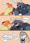  &lt;3 ... 2016 arm_wrestling bearlovestiger13 blush bovine buffalo canine chief_bogo clenched_teeth clothing comic dialogue disney female fox fur group hi_res judy_hopps lagomorph male mammal nick_wilde one_eye_closed police_uniform rabbit simple_background smile sweat teeth thought_bubble uniform zootopia 