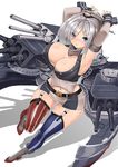  american_flag_legwear armpits arms_up blue_eyes blush boots breasts cleavage cosplay covered_nipples full_body garter_straps grey_footwear grey_hair hair_over_one_eye hamakaze_(kantai_collection) iowa_(kantai_collection) iowa_(kantai_collection)_(cosplay) kantai_collection large_breasts looking_at_viewer miniskirt navel short_hair simple_background sin_(kami148) skirt solo white_background 