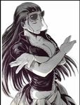  1girl breasts cleavage collarbone crop_top crossed_arms eyes_closed female glasses hair_slicked_back large_breasts legs_crossed long_hair monochrome navel nico_robin one_piece open_clothes open_shirt sarong shirt short_sleeves solo sunglasses unzipped zipper 