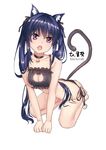  animal_ears b.c. bad_id bad_pixiv_id bell black_bra black_panties black_ribbon blue_hair bra breasts cat_cutout cat_ears cat_girl cat_lingerie cat_tail cleavage cleavage_cutout ebisuzawa_kurumi fangs gakkou_gurashi! hair_ribbon highres jingle_bell kemonomimi_mode long_hair looking_at_viewer medium_breasts meme_attire open_mouth panties purple_eyes ribbon side-tie_panties simple_background solo tail underwear underwear_only white_background 