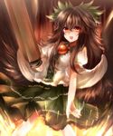  :d arm_cannon bird_wings black_hair black_wings blush bow cape commentary_request cowboy_shot explosion green_skirt hair_bow long_hair looking_at_viewer maho_moco open_mouth puffy_short_sleeves puffy_sleeves red_eyes reiuji_utsuho shirt short_sleeves sidelocks skirt smile solo third_eye touhou weapon white_shirt wings 