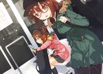  :d alternate_costume black_legwear blush brown_eyes brown_hair cabbie_hat casual cellphone coat commentary_request dutch_angle fang folded_ponytail fur_trim glasses guitar_case harapeko_(886011) hat headphones ikazuchi_(kantai_collection) inazuma_(kantai_collection) instrument_case kantai_collection long_sleeves multiple_girls open_mouth phone red-framed_eyewear scarf semi-rimless_eyewear short_hair sitting skirt smartphone smile under-rim_eyewear winter_clothes winter_coat 