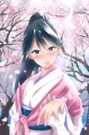  alternate_costume black_hair blush cherry_blossoms holding_hands houshou_(kantai_collection) japanese_clothes kantai_collection killing-inthe-name kimono long_hair out_of_frame ponytail pov pov_hands smile solo_focus 