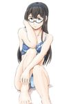  aqua_eyes bare_legs bare_shoulders black-framed_eyewear blue_bra blue_hairband blue_panties bra breasts glasses hairband highres kantai_collection looking_at_viewer medium_breasts ooyodo_(kantai_collection) panties smile solo underwear underwear_only vent_arbre 