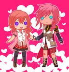  :d blue_eyes blush_stickers chibi final_fantasy final_fantasy_xiii gloves highres jewelry kasha_uchubito lightning_farron long_hair multiple_girls necklace o_o open_mouth pink_hair purple_eyes serah_farron short_hair siblings side_ponytail sisters skirt smile solid_circle_eyes thighhighs 