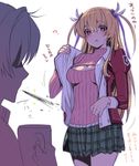 1girl ? alisa_reinford blonde_hair blush breasts cleavage cup eiyuu_densetsu emblem hair_ornament hair_ribbon holding holding_cup long_hair medium_breasts meme_attire open-chest_sweater partially_translated rean_schwartzer red_eyes removing_jacket ribbon sagaraise sen_no_kiseki spitting sweater translation_request two_side_up uniform white_background 