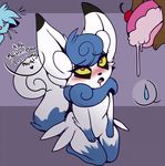  ambiguous_gender begging blue_fur blue_hair blush dewott drooling feeding female food fur hair looking_up meowstic napalm nintendo pok&eacute;mon pokepuff saliva text video_games white_fur 