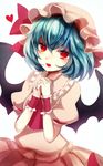  :d ascot bat_wings blue_hair blush commentary_request dress fangs frills hands_clasped hat hat_ribbon heart highres looking_at_viewer maho_moco mob_cap nail_polish open_mouth own_hands_together pink_dress puffy_short_sleeves puffy_sleeves red_eyes red_nails red_ribbon remilia_scarlet ribbon short_hair short_sleeves skirt skirt_set smile solo touhou upper_body vampire white_background wings wrist_cuffs 