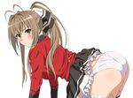  all_fours amagi_brilliant_park antenna_hair ass back bangs black_skirt blazer blush breasts cowboy_shot duplicate embarrassed frills from_side frown grey_hair hair_intakes hair_ribbon high_ponytail highres jacket jpeg_artifacts long_hair long_ponytail long_sleeves looking_at_viewer looking_back mokke_(mokke99) panties petticoat pleated_skirt ponytail raised_eyebrows ribbon sento_isuzu sidelocks simple_background skirt skirt_lift solo split_ponytail striped sweatdrop thighhighs underwear uniform white_background white_legwear white_panties yellow_eyes 